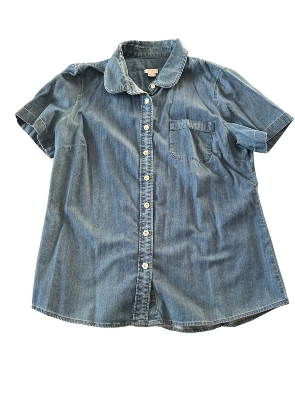 J.Crew Chambray Shirt Large Short Sleeve Peter Pan Collar Cotton Top A0096